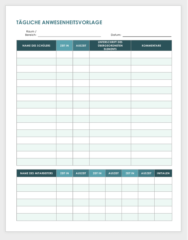 Vorlage für die tägliche Anwesenheitsliste