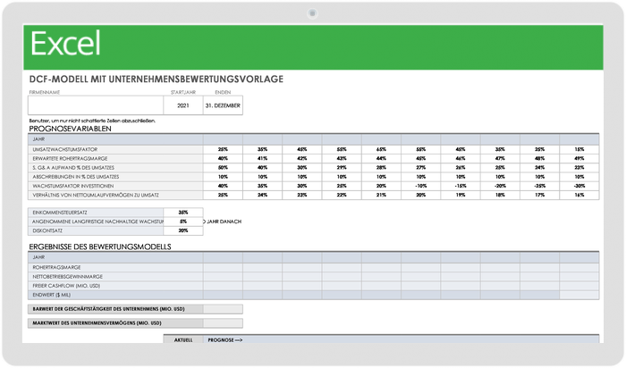 Discounted-Cashflow-Modell mit Unternehmensbewertungsvorlage