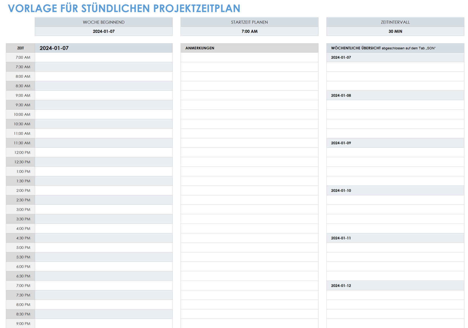 Vorlage für die stündliche Projektzeitleiste