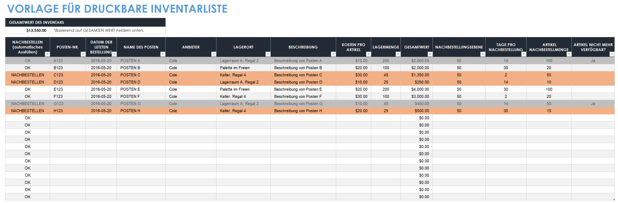 Druckbare Inventarliste