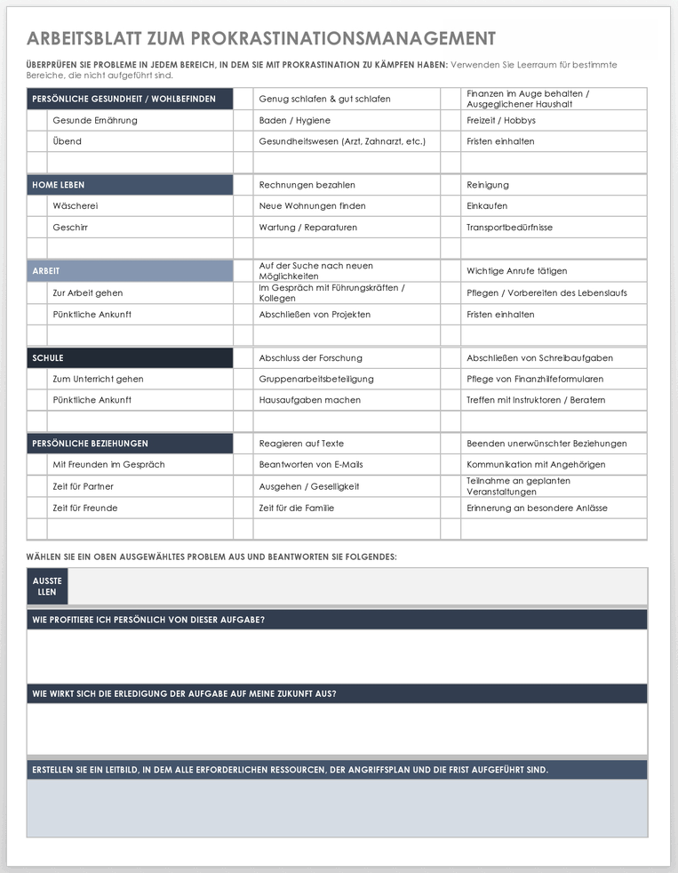  Vorlage für ein Arbeitsblatt zum Management von Prokrastination