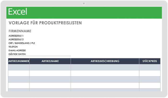  Vorlage für Produktpreislisten