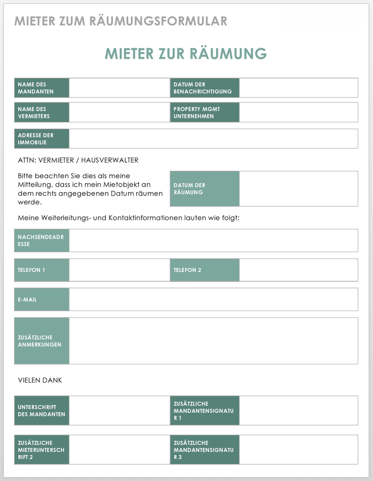  Vorlage für das Formular „Mieter zu räumen“ der Hausverwaltung