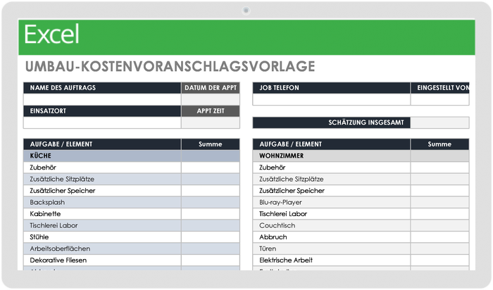 Kostenvoranschlagsvorlage für den Umbau