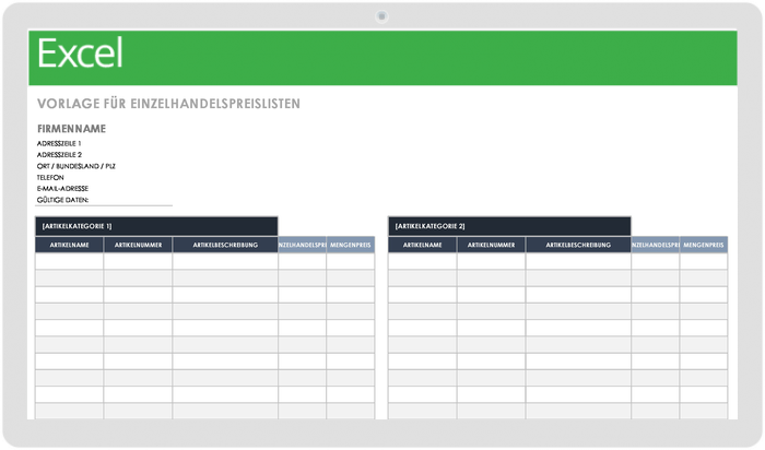 Vorlage für Einzelhandelspreislisten