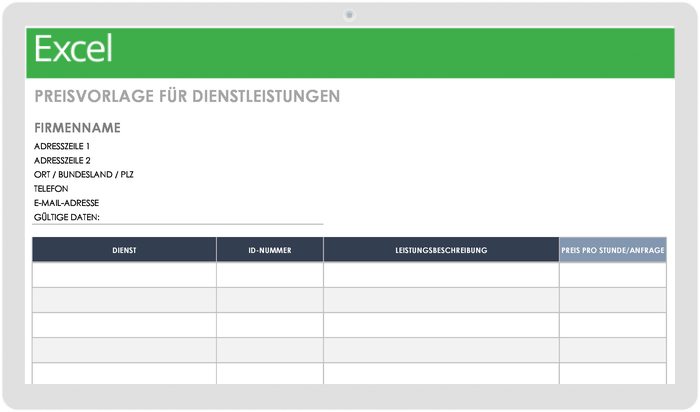 Preisvorlage für Dienstleistungen