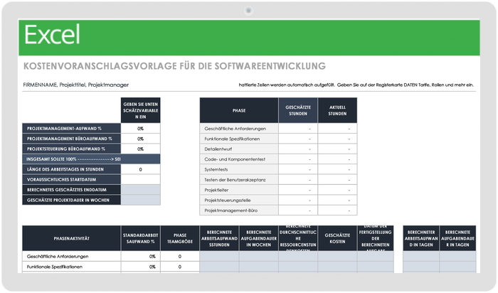  Vorlage für Kostenvoranschläge für die Softwareentwicklung