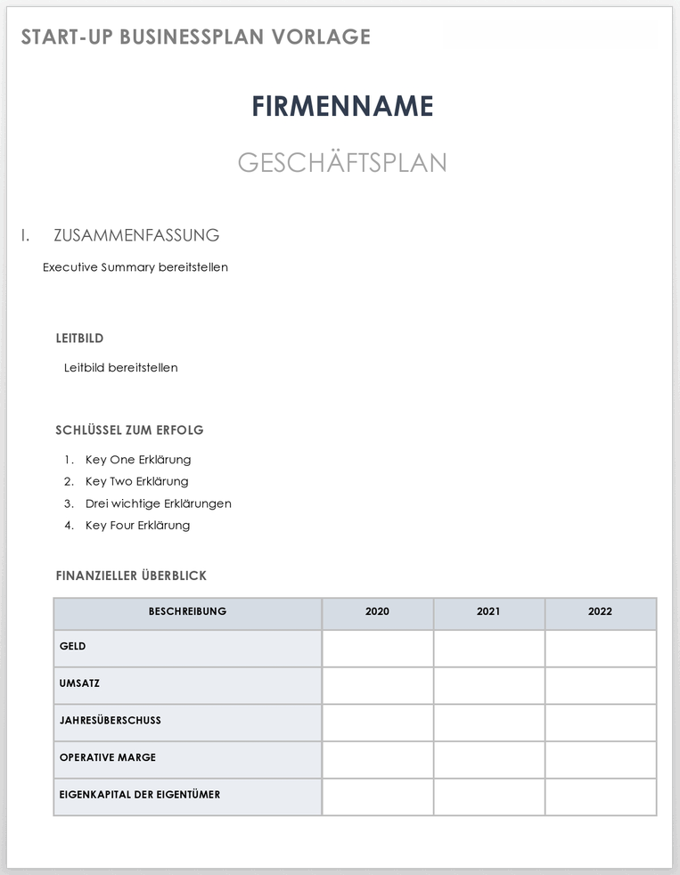 Vorlage für einen Businessplan für Startups