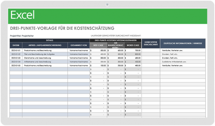  Drei-Punkte-Kostenschätzungsvorlage