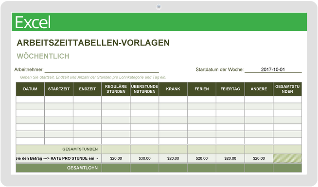 Vorlage für Arbeitszeittabellen