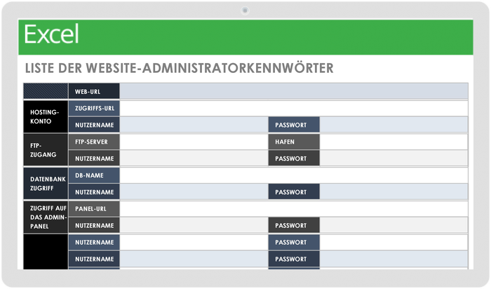  Vorlage für die Kennwortliste des Website-Administrators