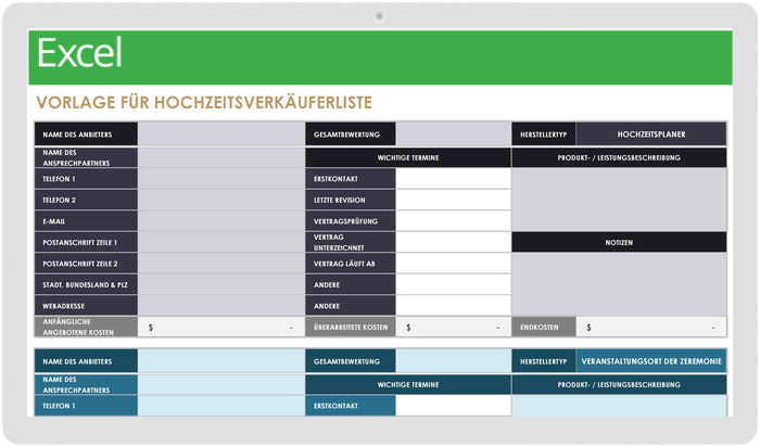 Vorlage für die Liste der Hochzeitsanbieter