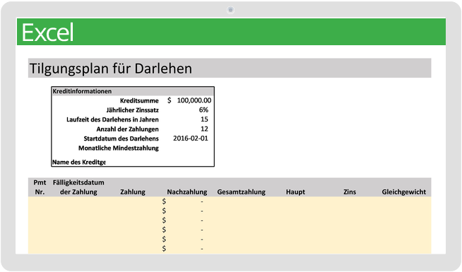 Vorlage für einen Tilgungsplan für Darlehen