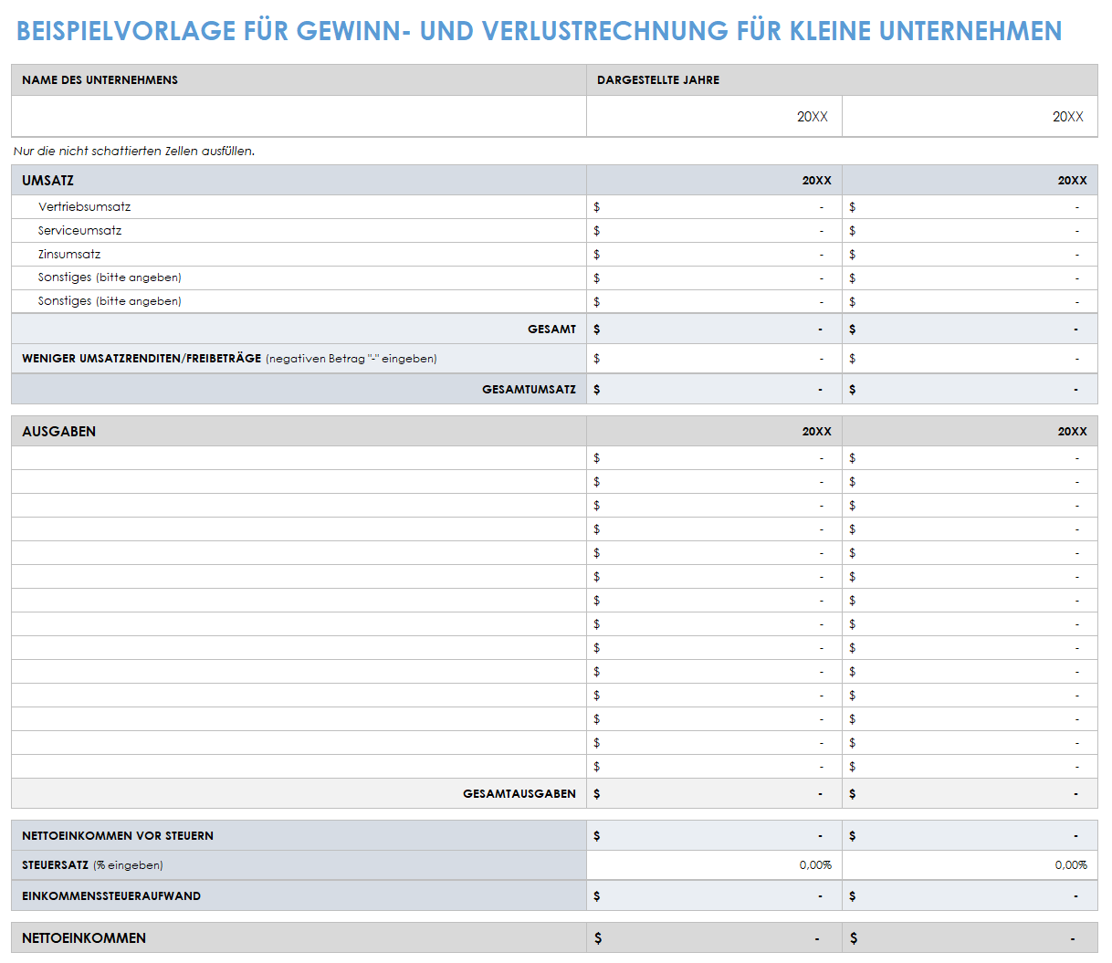 Vorlagen Für Gewinn- Und Verlustrechnung Für Kleine Unternehmen ...