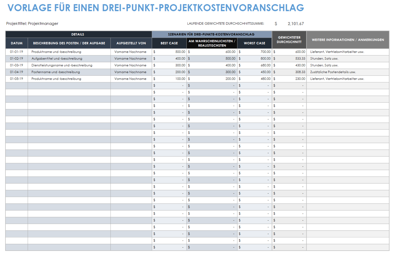 Projektkosten Excel Vorlage Kostenlos